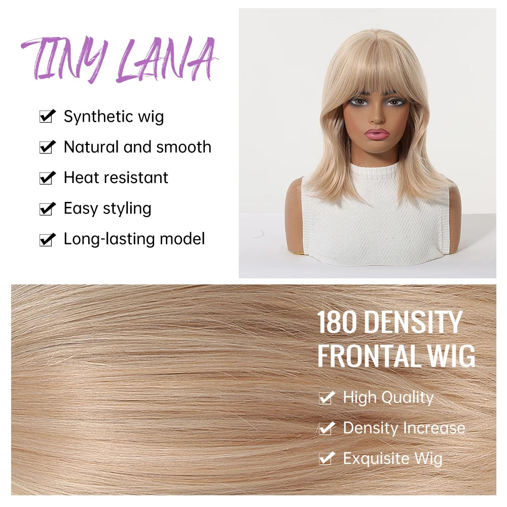 Short Light Pink Wave Synthetic Wigs with Bangs Rose Gold Lolita Natural Hair Wigs for Women Cosplay Daily Party Heat Resistant