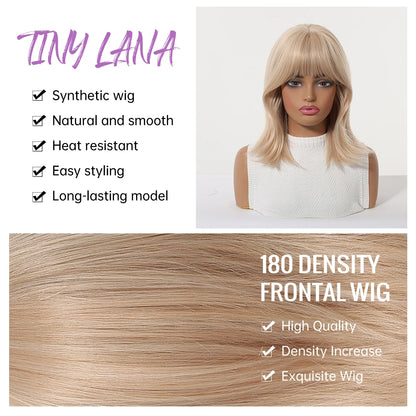 Short Light Pink Wave Synthetic Wigs with Bangs Rose Gold Lolita Natural Hair Wigs for Women Cosplay Daily Party Heat Resistant