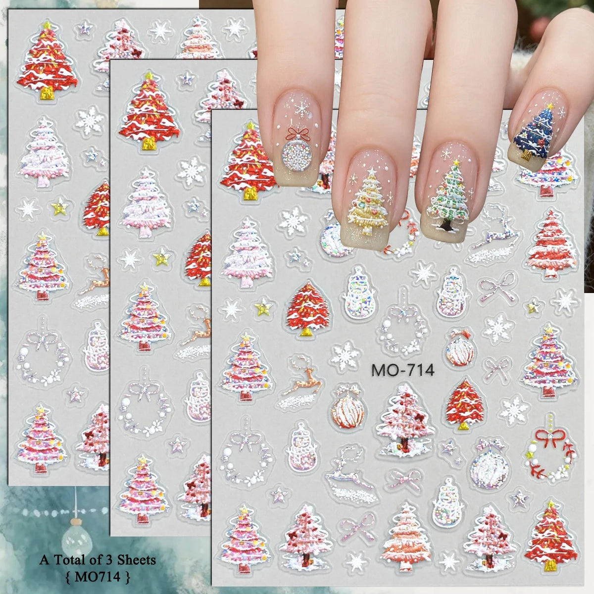 3 to 12 Sheets 5D Holographic Christmas Tree Snowflake Ornament Wreath Reindeer Glitter Self-Adhesive Nail Art Stickers