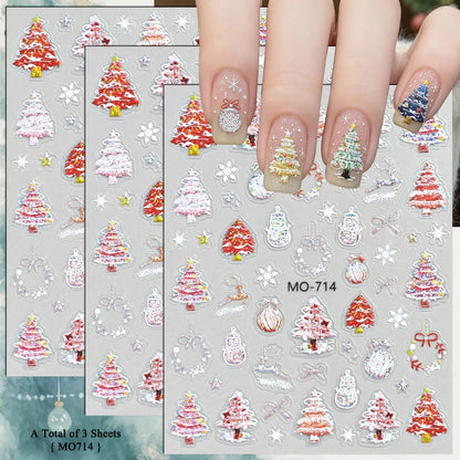 3 to 12 Sheets 5D Holographic Christmas Tree Snowflake Ornament Wreath Reindeer Glitter Self-Adhesive Nail Art Stickers
