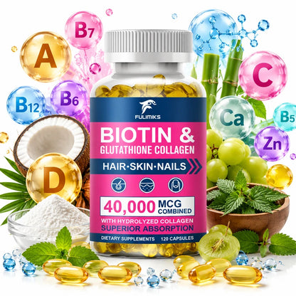 High Biotin 5000mcg Capsules with Hydrolyzed Fish Collagen & MSM, Healthy Hair, Glowing Skin, Strong Nails & Anti-Aging Support