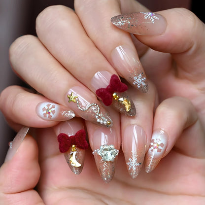 24pcs Red White French Line Christmas Sweet False Nails With Snowflake Rhinestone Starburst Design Pink Almond Press On Nails