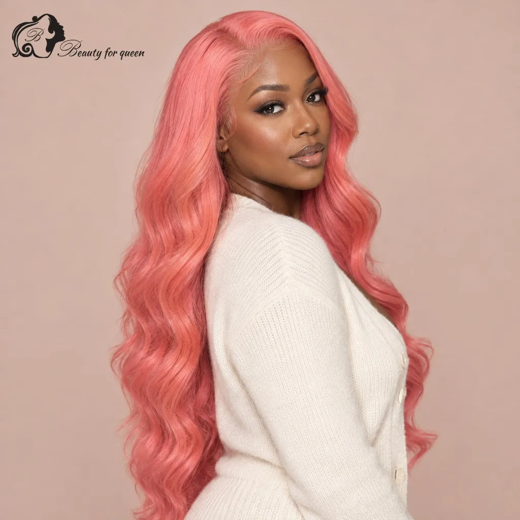 Coral Pink Body Wave Wig Long HD Lace Soft For Women Heat Friendly Voluminous Middle Part Smooth 180 Density Quality Sleek