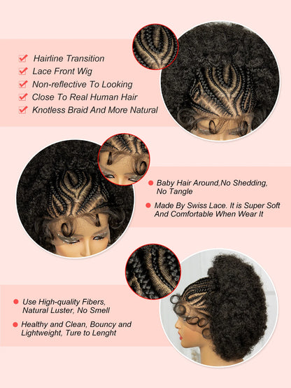Synthetic Cornrow Braided Wig with Baby Hair 13x6 Lace Front Afro Kinky Curly Short Braids Transparent Lace Wig for Black Women