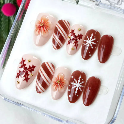 10Pcs Winter Vintage Wine Red Gilded Christmas Tree European and American Style Press On Nails With Cat Eyes Nail Art Patches
