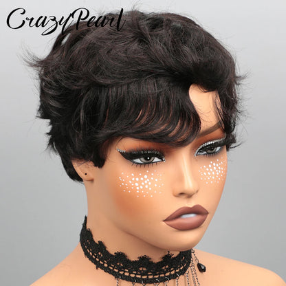 Short Pixie Cut Wig Black Human Hair Lace Front Wigs for Black Women Textured Layered Side Bang Natural Hairline Daily Work Styl