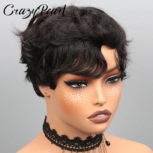 Short Pixie Cut Wig Black Human Hair Lace Front Wigs for Black Women Textured Layered Side Bang Natural Hairline Daily Work Styl
