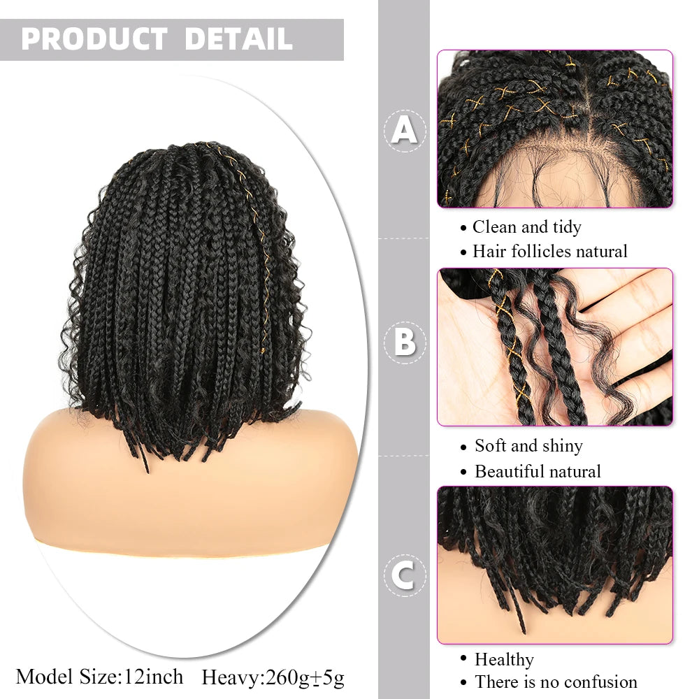 12 Inch Short Synthetic Boho Braided Wigs With Baby Hair Curly Lace Front Wigs for Black Women Box Braiding Wig Natural Looking