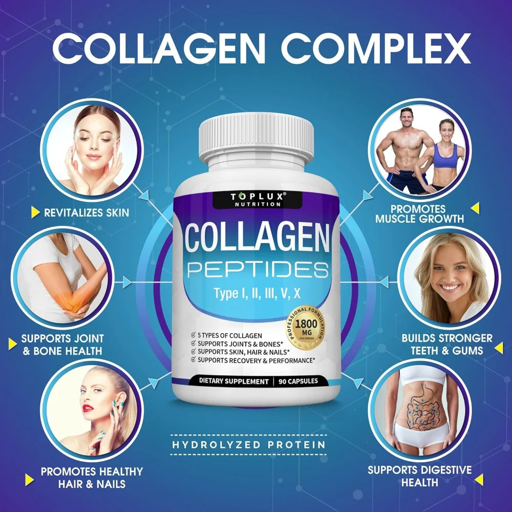 Multi Collagen Peptides Pills 1800 Mg Complex - Type I, II, III, V, X Premium Collagen Complex for Better Skin & Hair, Strong Jo
