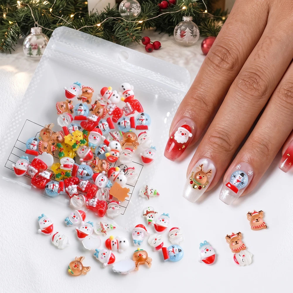 24grid 3D Kawaii Santa Claus/Snowman/Elk/Gloves/Bell/Candy/Christmas Tree Nail Charms Flatback Resin Xmas Winter Nail Rhinestone