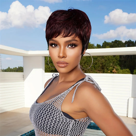 99j Color Dark Burgundy Red Human Hair Wigs for Women Short Pixie Cut Wigs with Bangs Layered Boy Cut Duby Wig Machine Made