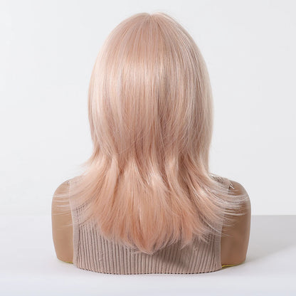 Short Light Pink Wave Synthetic Wigs with Bangs Rose Gold Lolita Natural Hair Wigs for Women Cosplay Daily Party Heat Resistant