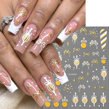 12Pcs Gold White Christmas Nail Stickers Cute Santa Snowflake Tree Ribbon Gingerbread Nails Decals for Xmas Winter Holiday Decor