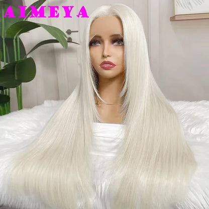 AIMEYA Layered Cut Wig Platinum Blonde Lace Front Wig Long Straight Synthetic Lace Wig Heat Resistant Blonde Wigs for Women