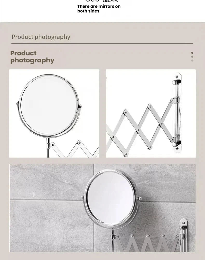 Stretchable Portable Hotel Bathroom Magnifying Makeup Mirror, Telescopic Folding Mirror, Self-Hanging Wall-Attached Double-Sided