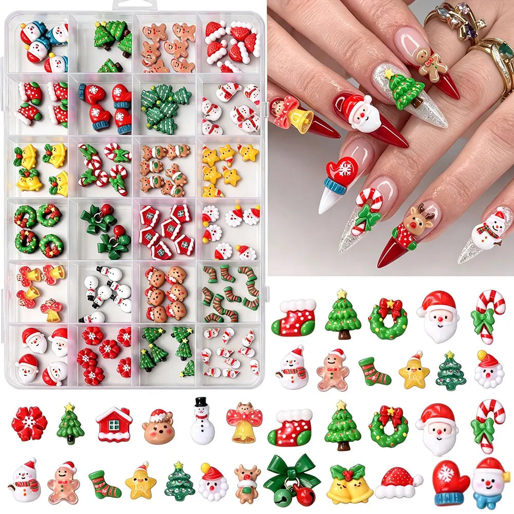 24grid 3D Kawaii Santa Claus/Snowman/Elk/Gloves/Bell/Candy/Christmas Tree Nail Charms Flatback Resin Xmas Winter Nail Rhinestone