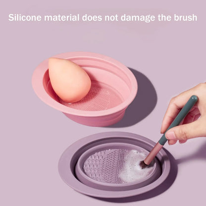 Multi-functional Silicone Makeup Brush Cleaning Bowl Powder Puff Beauty Washing Scrubber Pad with Folding Brush Holder
