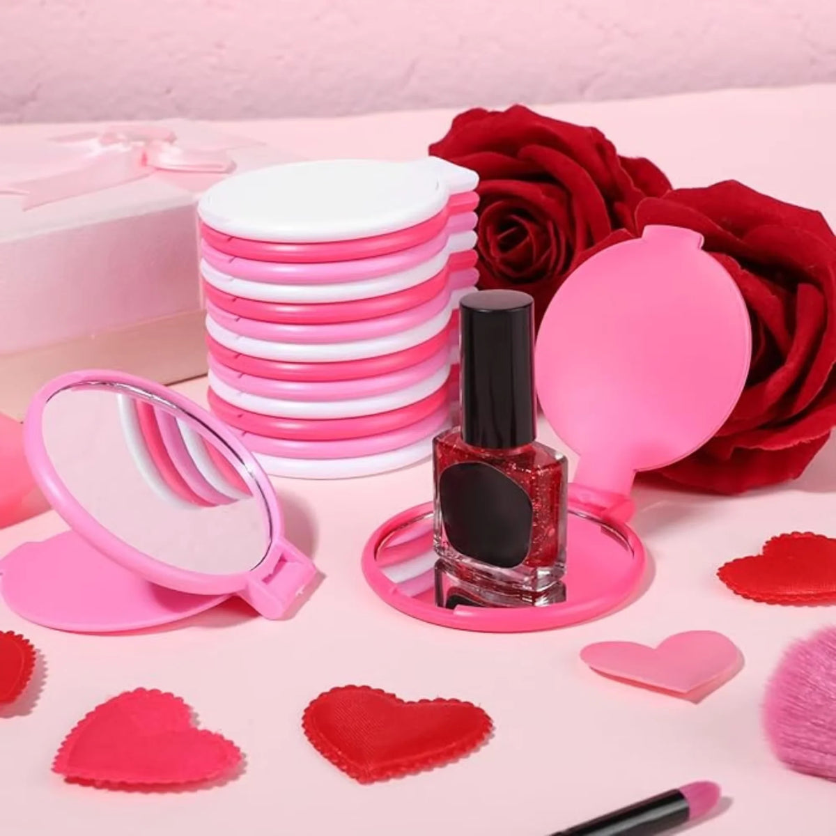 50pcs Portable Mini Folding Makeup Mirrors - Battery-Free 2.75x2.44inch Black Pink , Travel Grooming Mirror for Skincare Tools