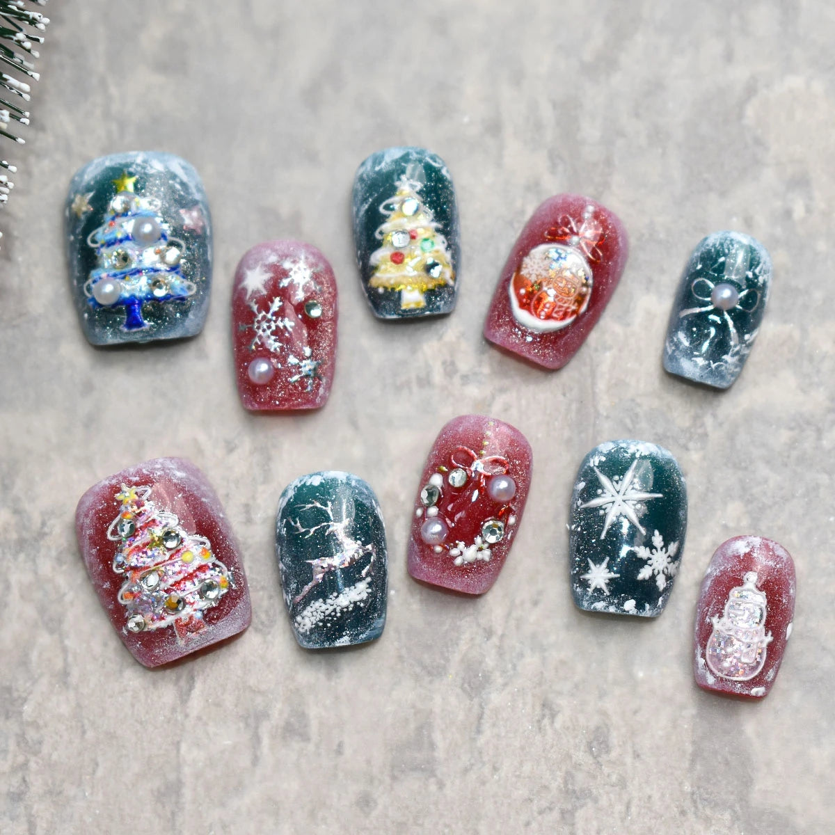 3 to 12 Sheets 5D Holographic Christmas Tree Snowflake Ornament Wreath Reindeer Glitter Self-Adhesive Nail Art Stickers