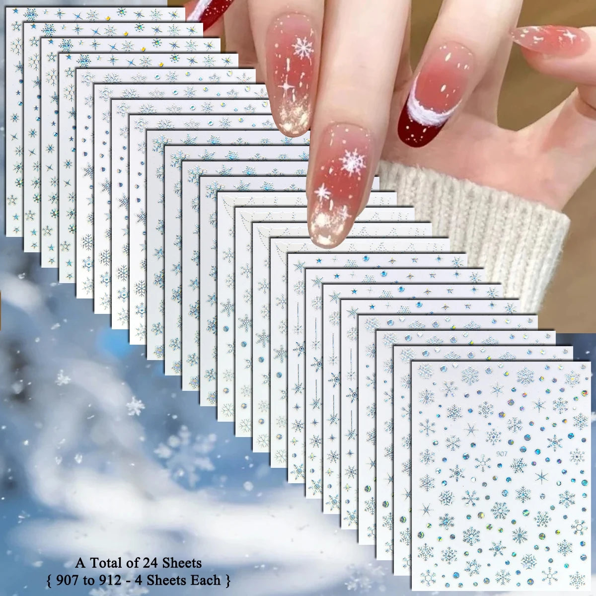 4 to 24 Sheets Xmas Snowflake Gold Silver Blue Holographic Self-Adhesive Winter Christmas Decor DIY Manicure Nail Art Stickers