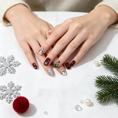 30pcs Red Plaid Festival False Nails Snowflake Snowman Xmas Tree Designs Press On Nails Christmas Short Round Fake Nail Tips