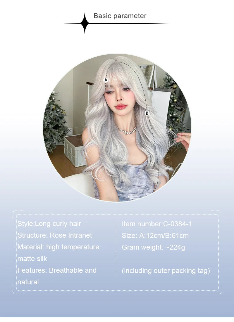 NAMM Costume Wig Synthetic Body Wavy Cool Silvery  Wig For Women Daily Use High Density Layered Hair Wigs With Fluffy Bangs