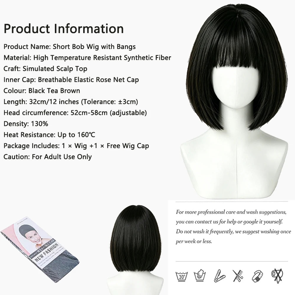 Natural Black Brown Bob Wigs Short Straight with Blunt Bangs Soft Synthetic Hair Heat Resistant For Women Cosplay Daily Wear