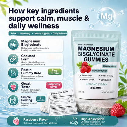 Magnesium Bisglycinate Gummies 400mg Raspberry Flavor Sugar Free Vegan Supplement Sleep Relaxation Muscle Support 60 Gummies
