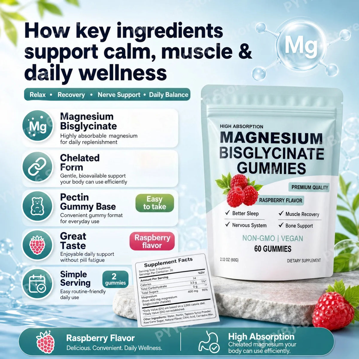 Magnesium Bisglycinate Gummies 400mg Raspberry Flavor Sugar Free Vegan Supplement Sleep Relaxation Muscle Support 60 Gummies