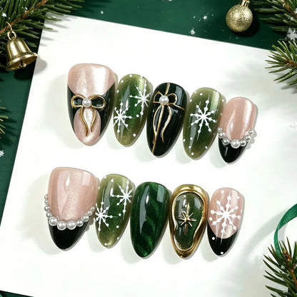 10Pcs Winter Vintage Wine Red Gilded Christmas Tree European and American Style Press On Nails With Cat Eyes Nail Art Patches