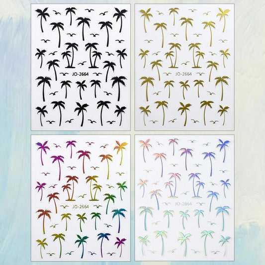 2/4/8/12/20 Sheets 3D Palm Tree Nail Stickers Tropical Coconut Tree Seagull Self Adhesive Summer Beach Nail Decals