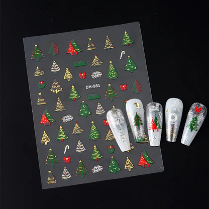 3pcs Christmas Nail Art Stickers - With Green Trees、Red Bow、Golden Decoration - Glossy Surface, Suitable for Holiday Nail Groomi