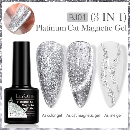 LILYCUTE 7ML 3 IN 1 Platinum Cat Magnetic Gel Nail Polish Silver Moonlight Magnetic Nail Sparkling Glitter Semi Permanent UV Gel
