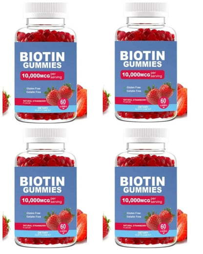 Biotin Gummies 10000 Mcg Hair Skin Nails Support, Vitamin B7 Beauty Supplement, Gluten Free Vegan Non-GMO Strawberry, 60 Gummies