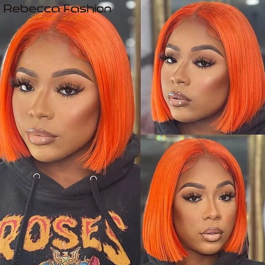 Ginger Orange Straight Bob Human Hair Lace Wig Brazilian Remy Hair Middle Part Lace Easy Wear T Part Lace Wigs Clearance Sales