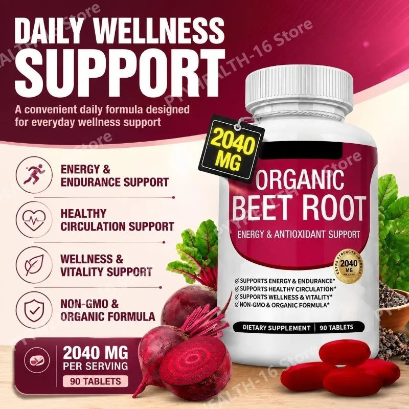 Beet Root Tablets 2040mg Per Serving with Organic Black Pepper for Energy, Endurance & Circulation Support, Non-GMO, 90 Count