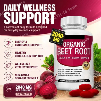 Beet Root Tablets 2040mg Per Serving with Organic Black Pepper for Energy, Endurance & Circulation Support, Non-GMO, 90 Count