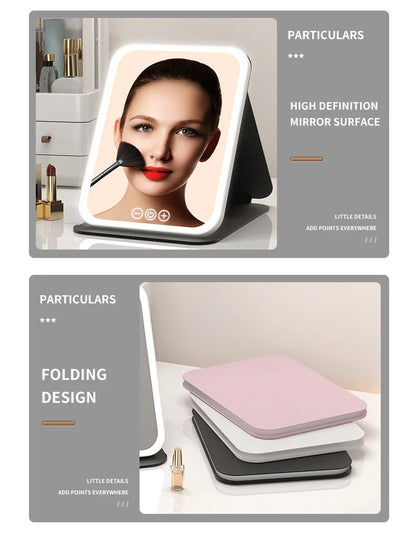 Makeup Mirror LED Dimmable Portable Foldable Design with Touch Screen 3 Colors Light Stepless USB Charging for Beauty Fashion