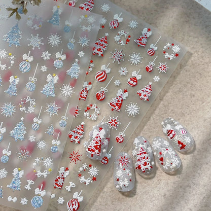 Tender Blue Christmas Tree Hanging Ball Ribbon Gold Star Snowflakes Bowknot Ring Adhesive Nail Charms Art Sticker Manicure Decal