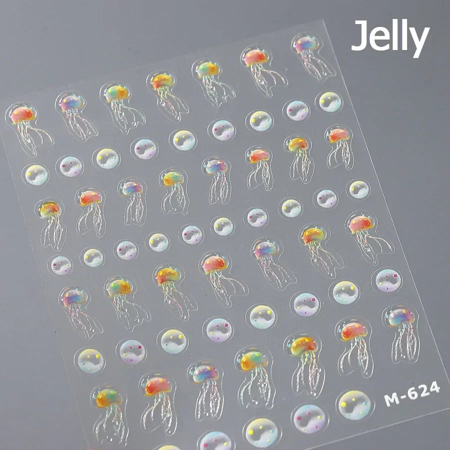 5D Summer Sea Shell Nail Sticker Shiny Embossed Starfish Nails Stickers Summer Beach Wine glass Jellyfish Nail Decals Decoration