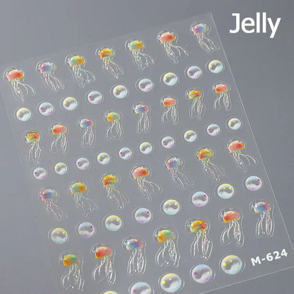 5D Summer Sea Shell Nail Sticker Shiny Embossed Starfish Nails Stickers Summer Beach Wine glass Jellyfish Nail Decals Decoration