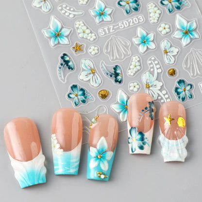 5D Embossed Teal Hibiscus Flower Nail Art Stickers Blue Floral Petal with Golden Starfish Shell French Water Ripple Summer Decal