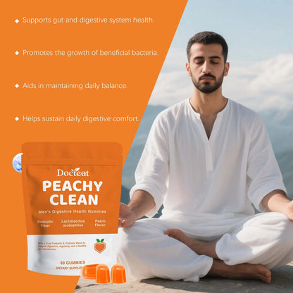 Docteat Peachy Clean Men's Digestive Health Gummies Prebiotic & Probiotic Blend Peach Flavor 60 Gummies Dietary Supplement