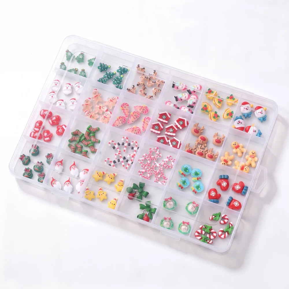 24grid 3D Kawaii Santa Claus/Snowman/Elk/Gloves/Bell/Candy/Christmas Tree Nail Charms Flatback Resin Xmas Winter Nail Rhinestone