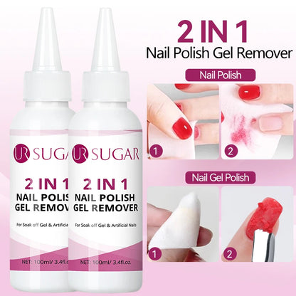UR SUGAR 100ml 2 IN 1 Nail Polish Gel Remover Liquid 1/2PCS Quick Clean Gentle Formula for Gel Polish Remover Manicure Nail Care