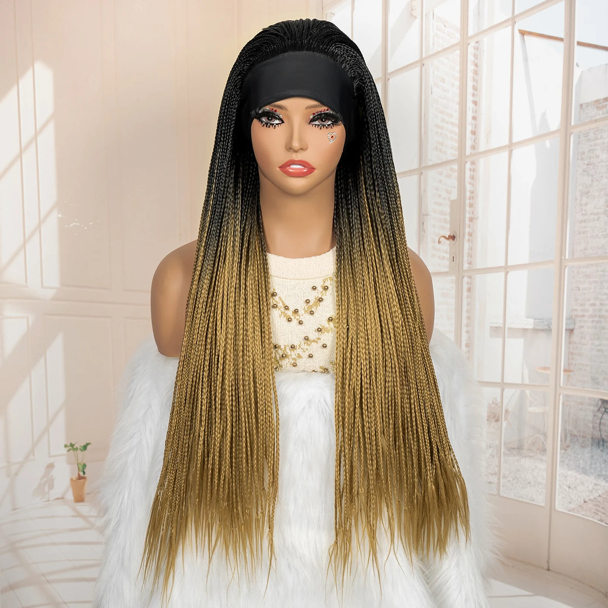 Full Machine Made Braided Wigs with Headband 30 Inches Colored Synthetic Braiding Wigs with Hair Band for Black Women