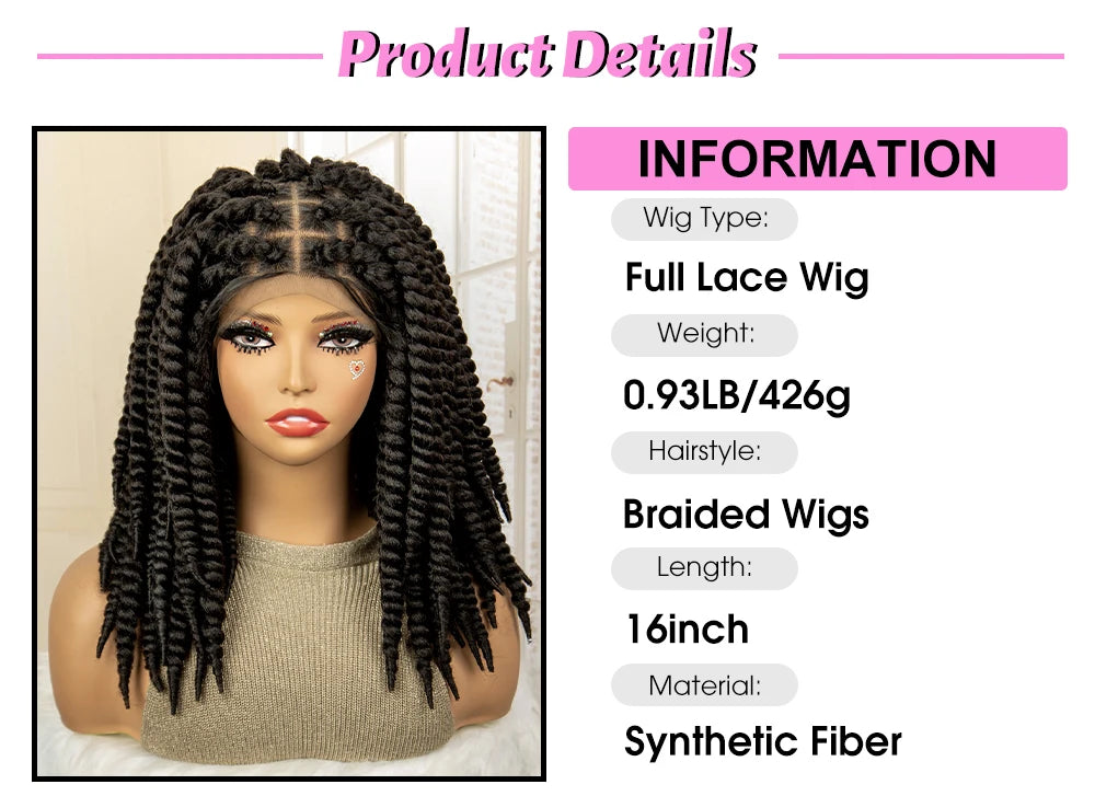 16 Inches Short Synthetic Full Lace Twist Braided Wigs Natural Knotless Box Braiding Wig for Black Women