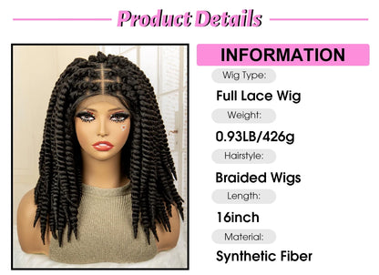 16 Inches Short Synthetic Full Lace Twist Braided Wigs Natural Knotless Box Braiding Wig for Black Women