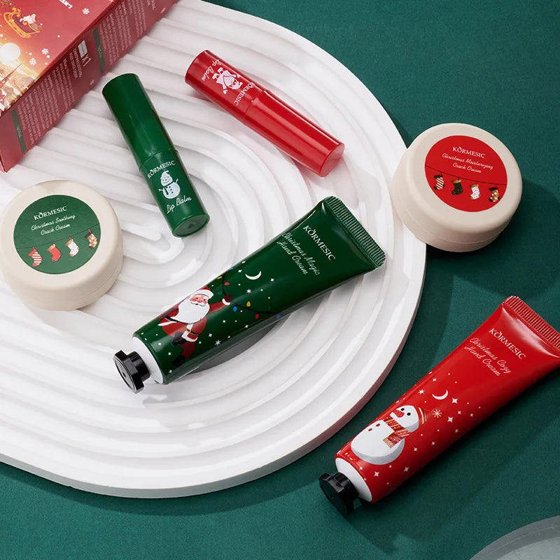 6PCS/Box Christmas gift box, lip balm hand Foot cream set, deeply hydrating lip moisturizer, lip color brighten, gift to women