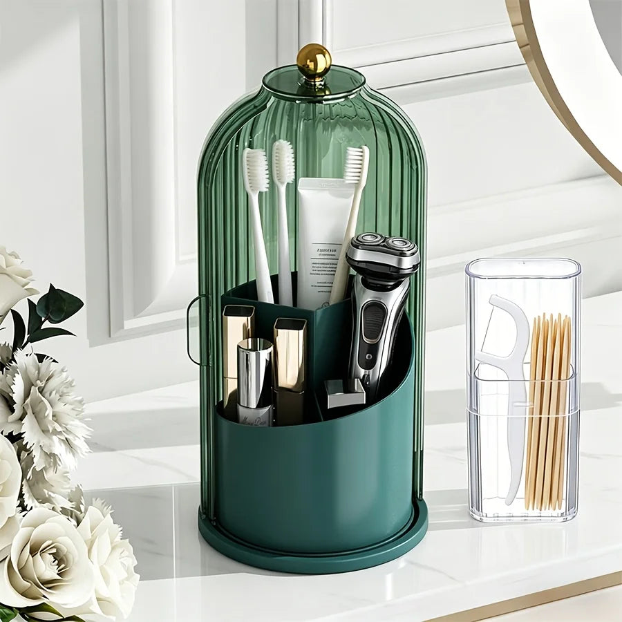 2pcs 360° Rotating Dustproof Makeup Brush Storage Box, Sliding Door Cosmetic Storage Rack + Dental Floss Storage Box